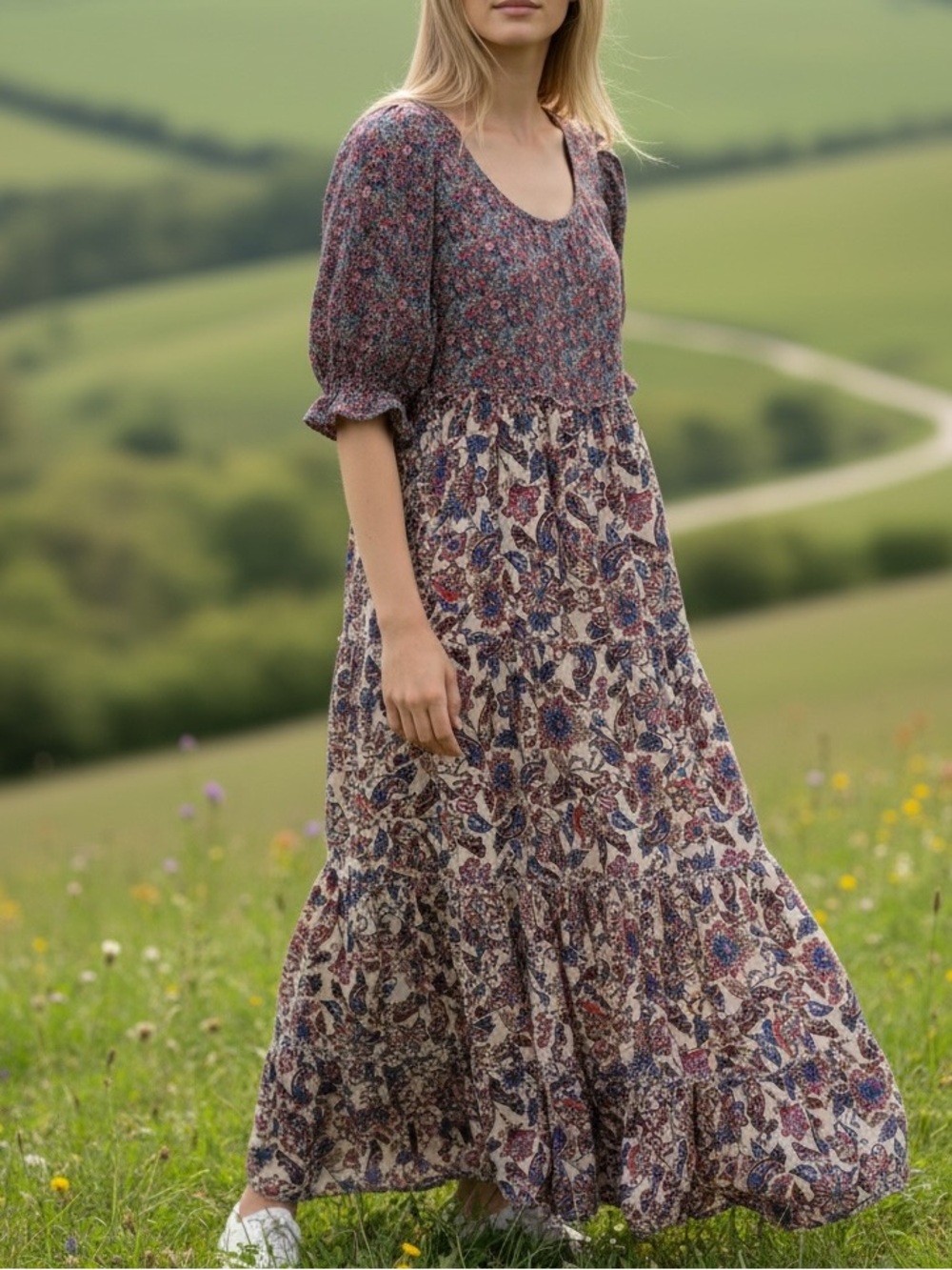 NEW Natural Life Floral Paisley Tiered Ruffle Short Sleeve Boho Maxi Dress